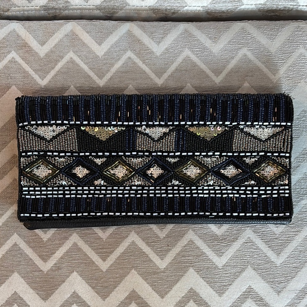 BCBGeneration Elegant Black and Gold beaded Geometric Clutch with zip interior